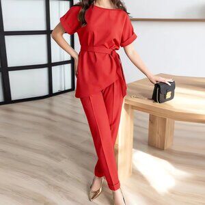 🎨Round neck beveled suit belt top suit fashionable casual long pants suit